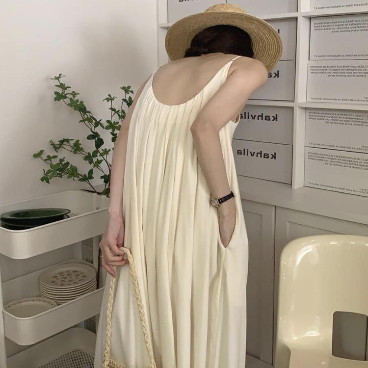 タックプリーツ ゆったり ロング丈 キャミソールワンピース