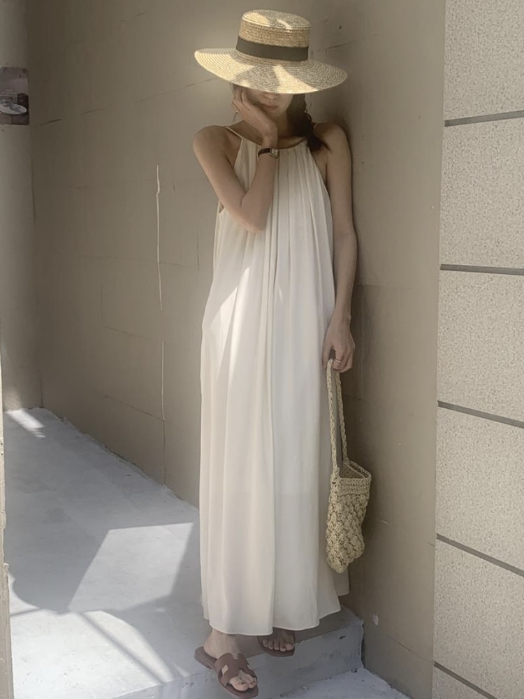 タックプリーツ ゆったり ロング丈 キャミソールワンピース