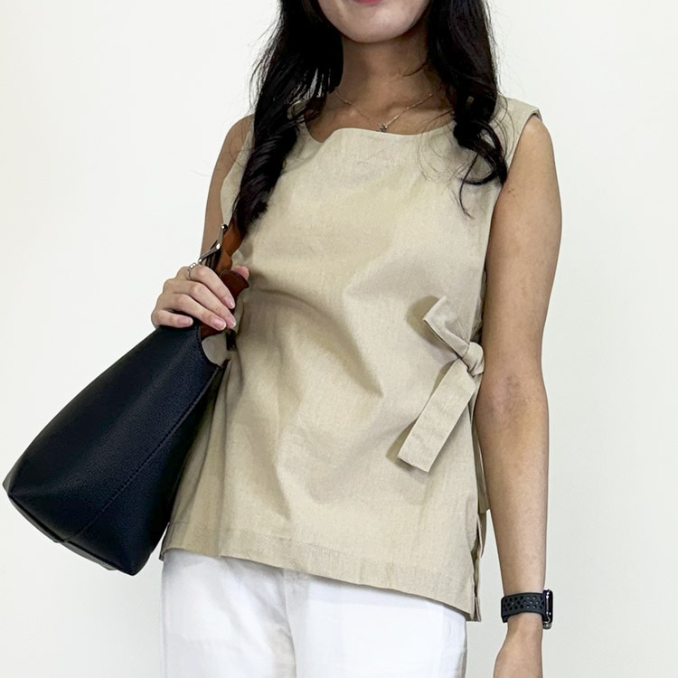 サイドリボン ノースリーブ リネン トップス