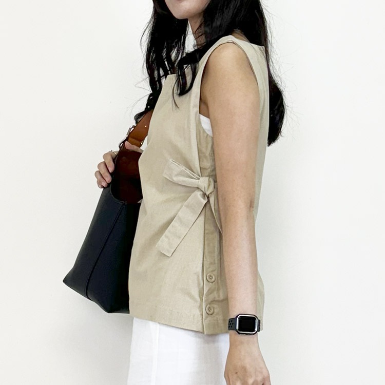 サイドリボン ノースリーブ リネン トップス