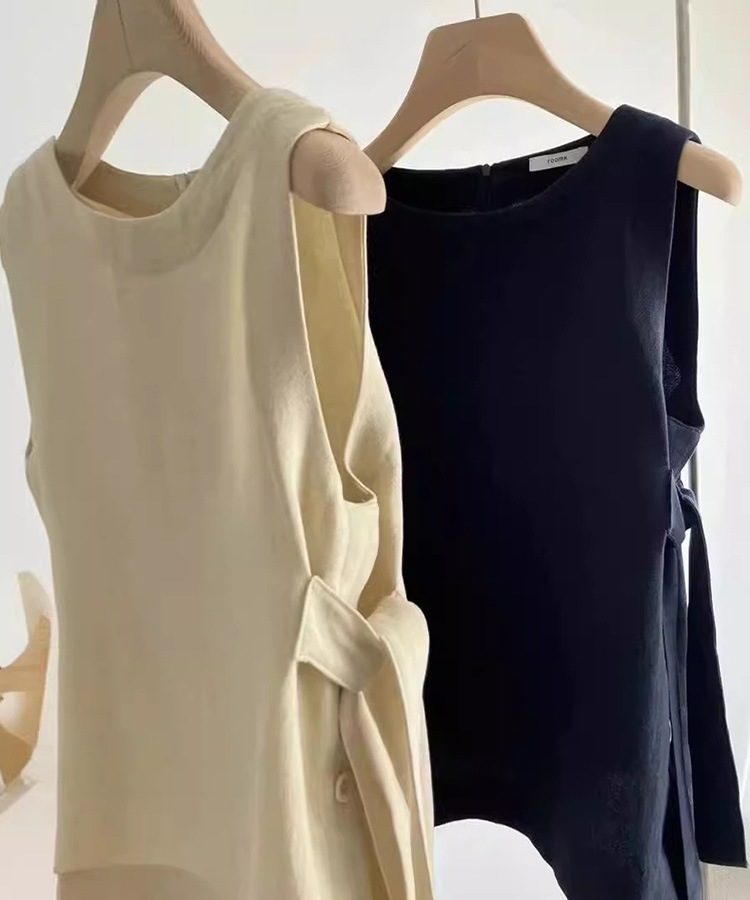 サイドリボン ノースリーブ リネン トップス