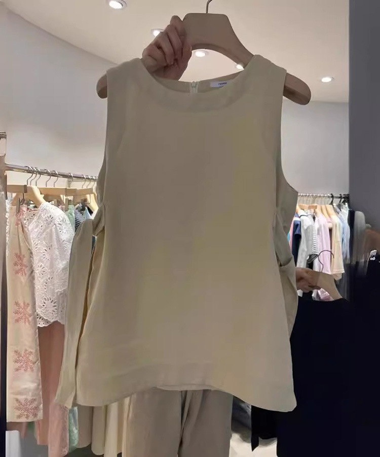サイドリボン ノースリーブ リネン トップス