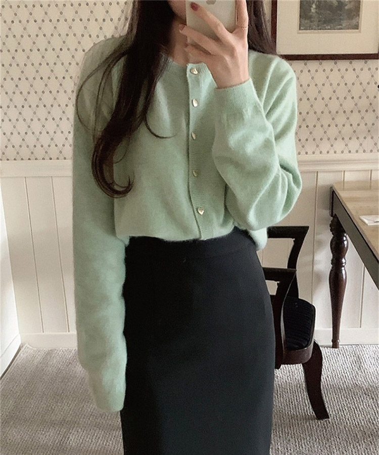 ハート形 金ボタン ふんわり 長袖 ニットカーディガン