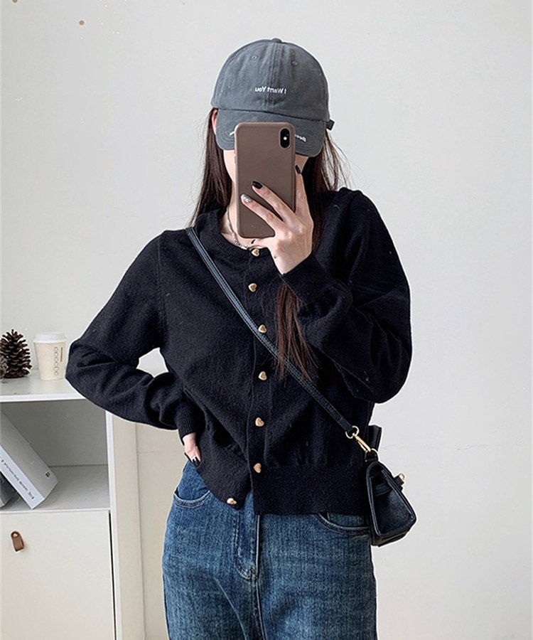 ハート形 金ボタン ふんわり 長袖 ニットカーディガン