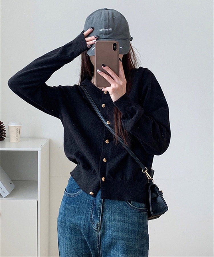 ハート形 金ボタン ふんわり 長袖 ニットカーディガン