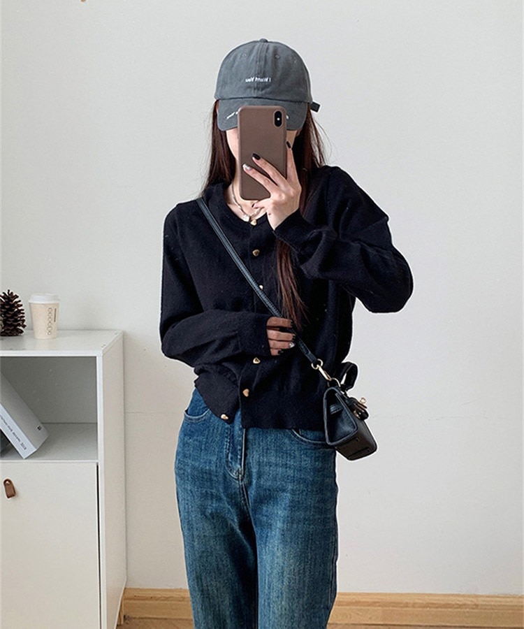 ハート形 金ボタン ふんわり 長袖 ニットカーディガン