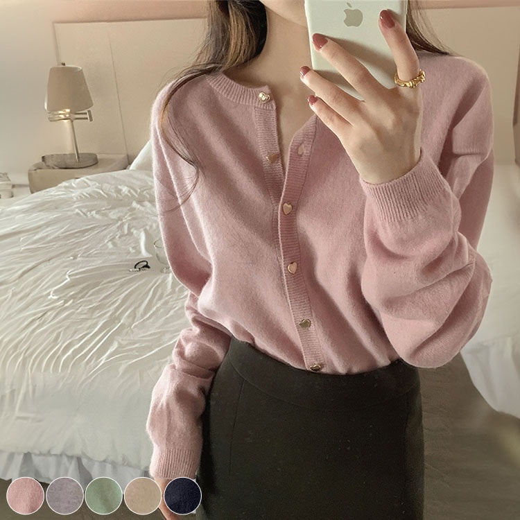 ハート形 金ボタン ふんわり 長袖 ニットカーディガン