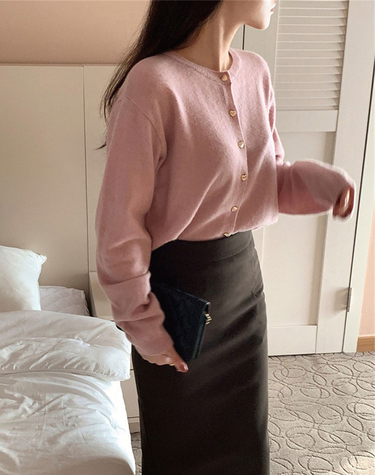 ハート形 金ボタン ふんわり 長袖 ニットカーディガン