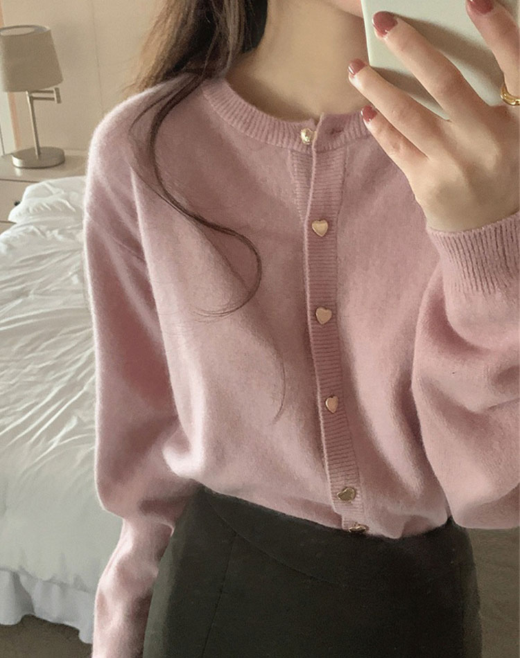 ハート形 金ボタン ふんわり 長袖 ニットカーディガン