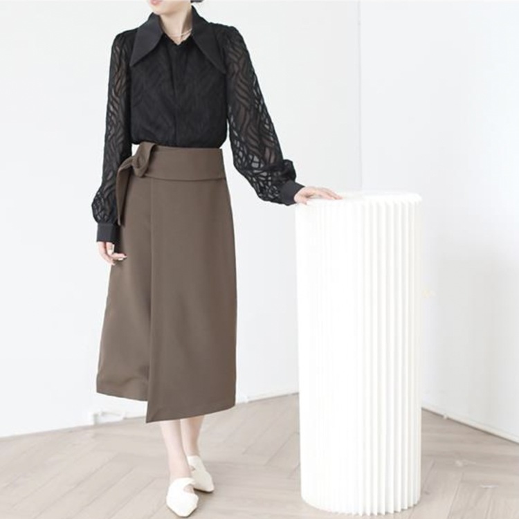 大きめ襟 エレガント 柄 シースルー 長袖 ブラウス