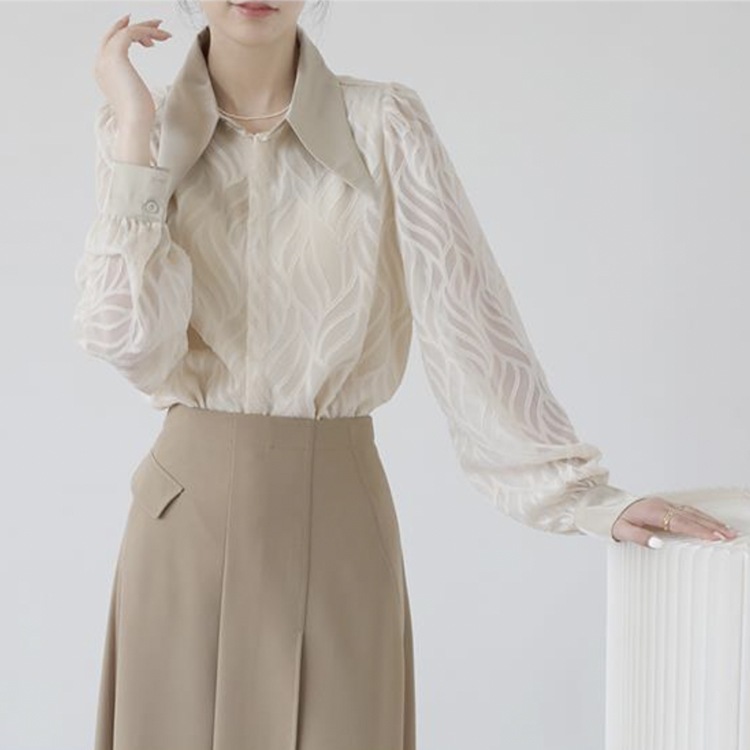 大きめ襟 エレガント 柄 シースルー 長袖 ブラウス