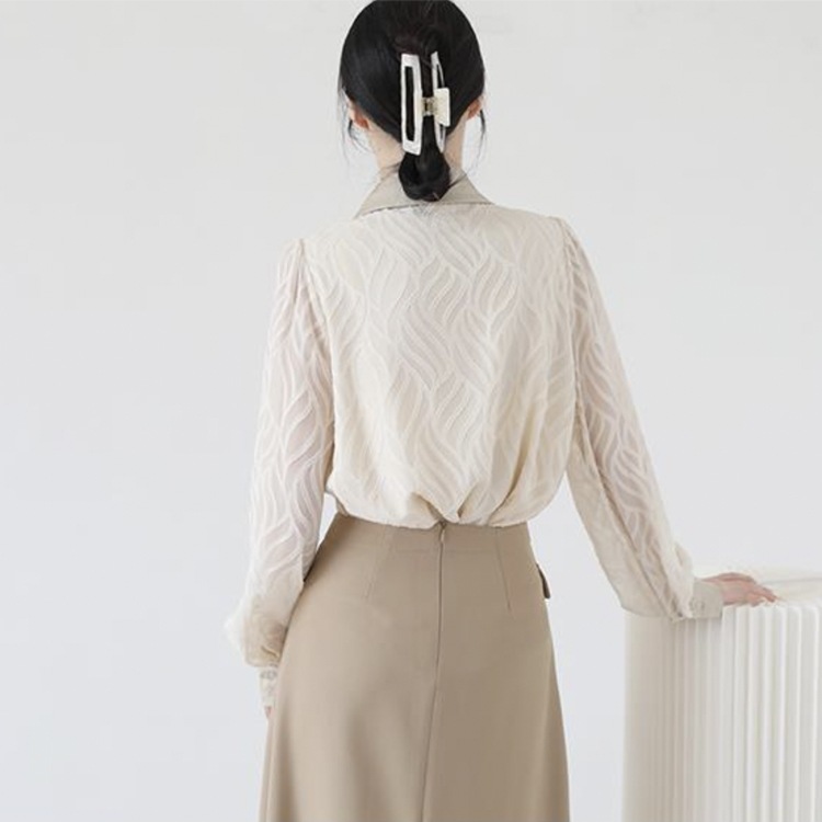 大きめ襟 エレガント 柄 シースルー 長袖 ブラウス