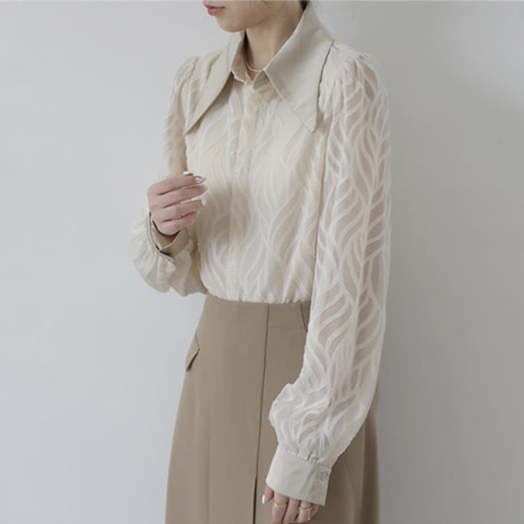 大きめ襟 エレガント 柄 シースルー 長袖 ブラウス