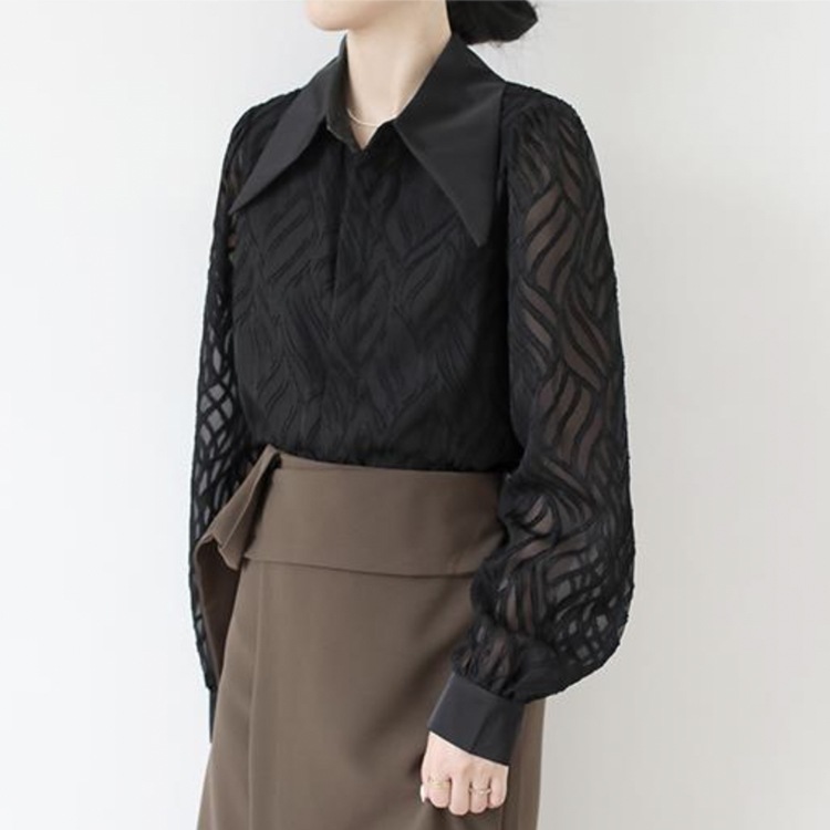 大きめ襟 エレガント 柄 シースルー 長袖 ブラウス