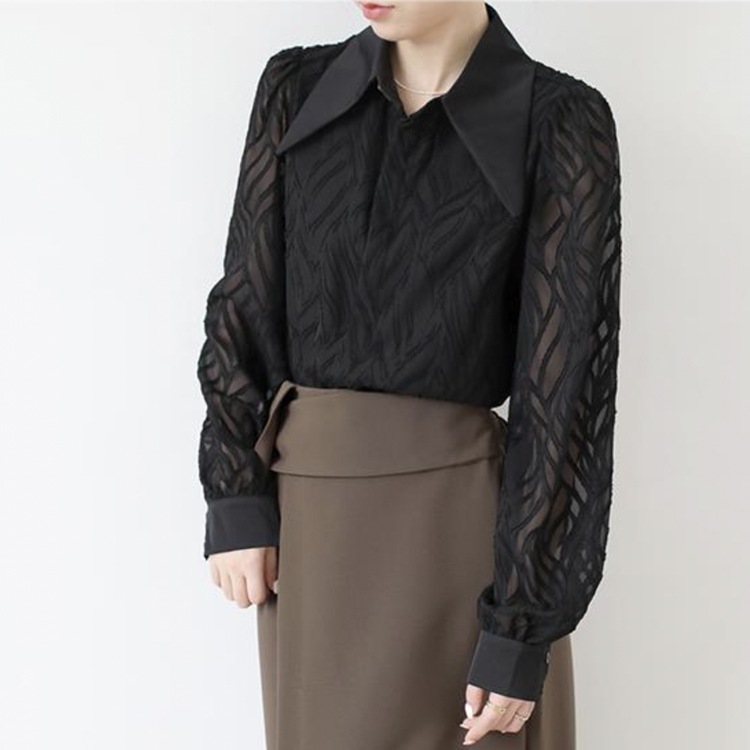 大きめ襟 エレガント 柄 シースルー 長袖 ブラウス