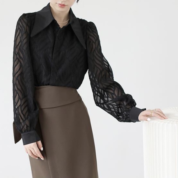 大きめ襟 エレガント 柄 シースルー 長袖 ブラウス