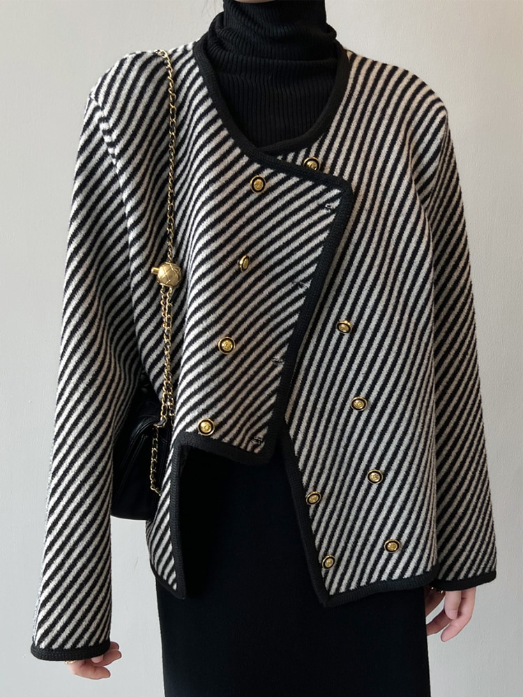 アンシンメトリー ボーダー柄 ノーカラー ジャケット コート