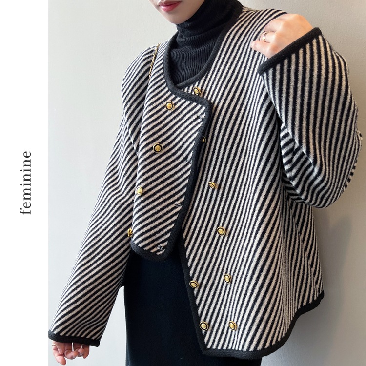 アンシンメトリー ボーダー柄 ノーカラー ジャケット コート