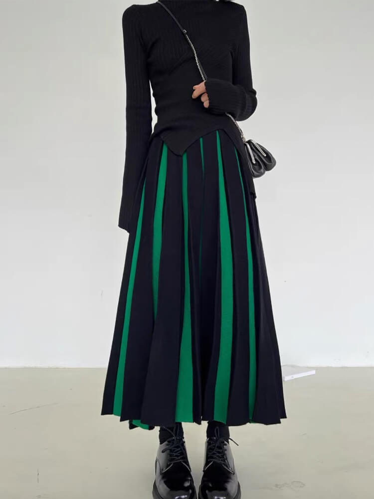 バイカラーストライプ ロング丈 プリーツ ニットスカート