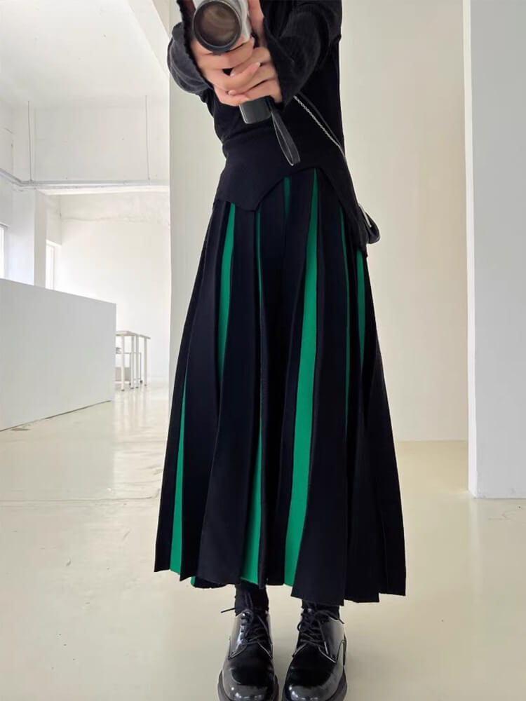 バイカラーストライプ ロング丈 プリーツ ニットスカート