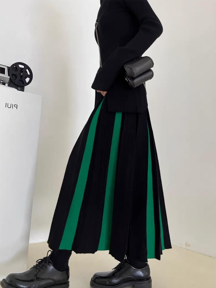 バイカラーストライプ ロング丈 プリーツ ニットスカート