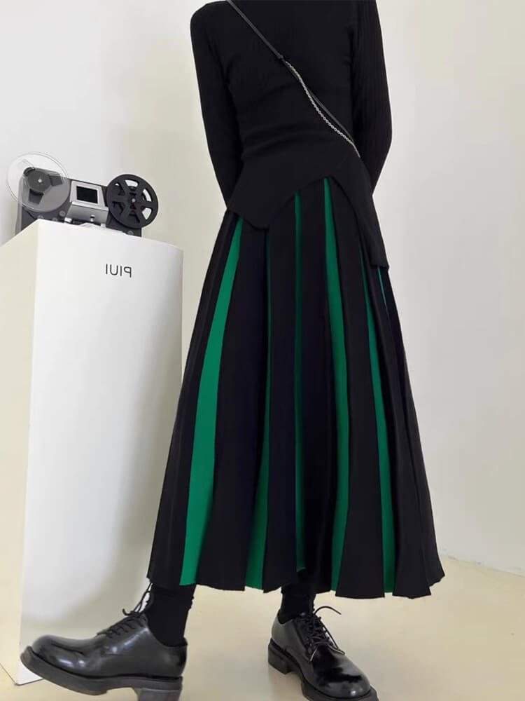 バイカラーストライプ ロング丈 プリーツ ニットスカート