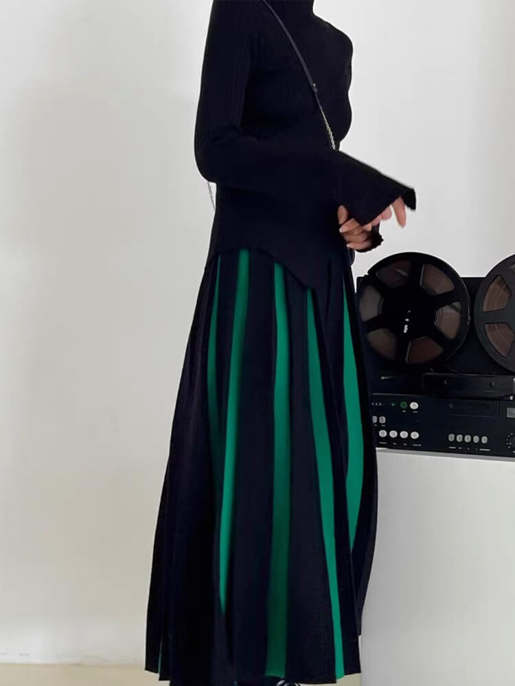 バイカラーストライプ ロング丈 プリーツ ニットスカート