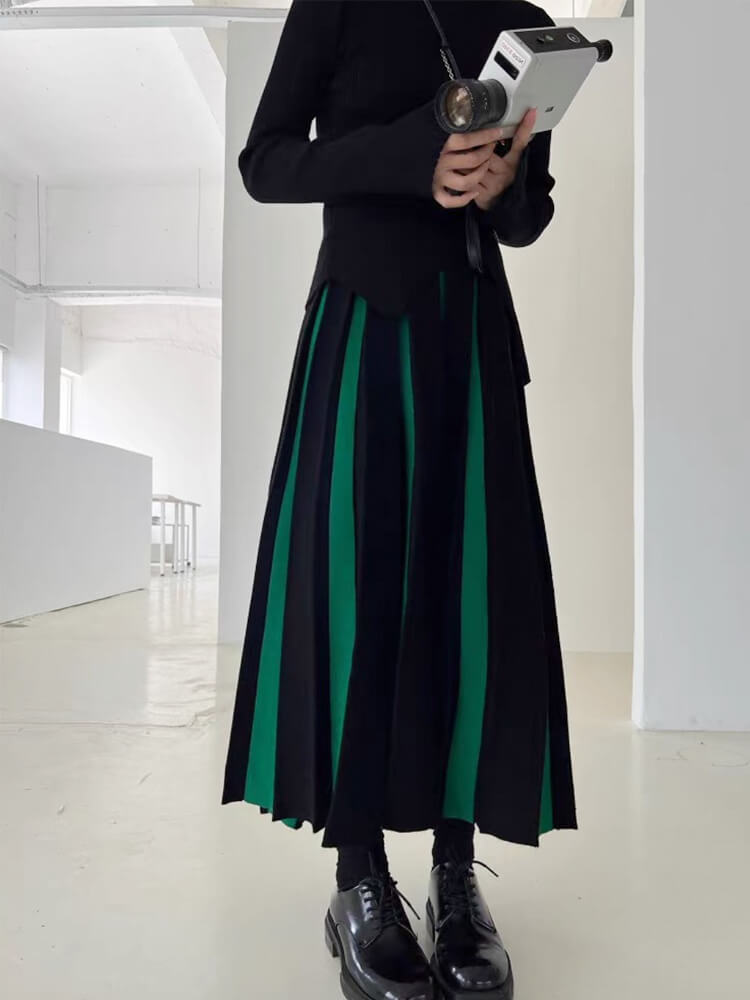 バイカラーストライプ ロング丈 プリーツ ニットスカート