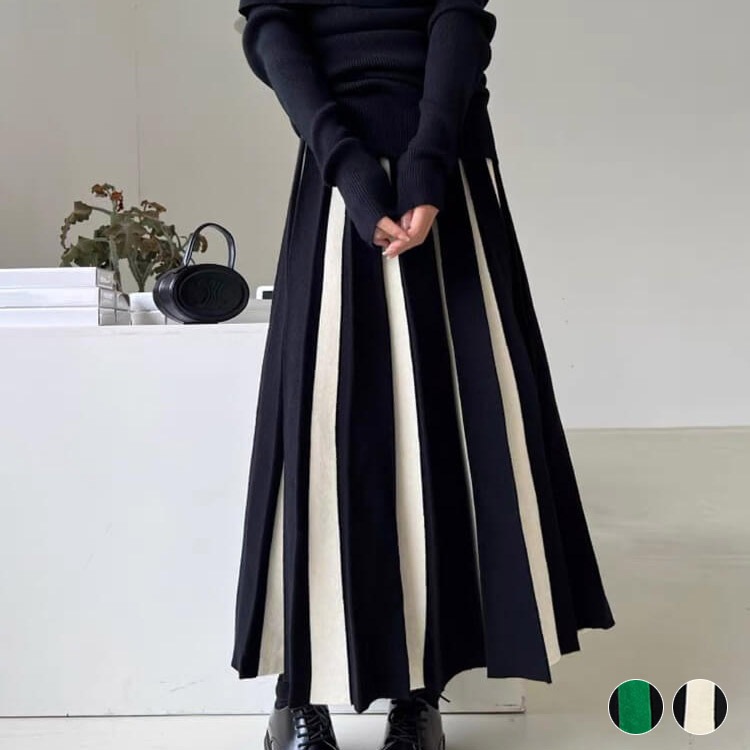 バイカラーストライプ ロング丈 プリーツ ニットスカート