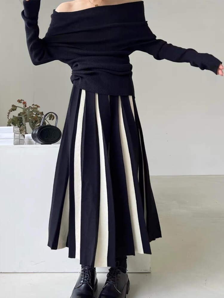 バイカラーストライプ ロング丈 プリーツ ニットスカート