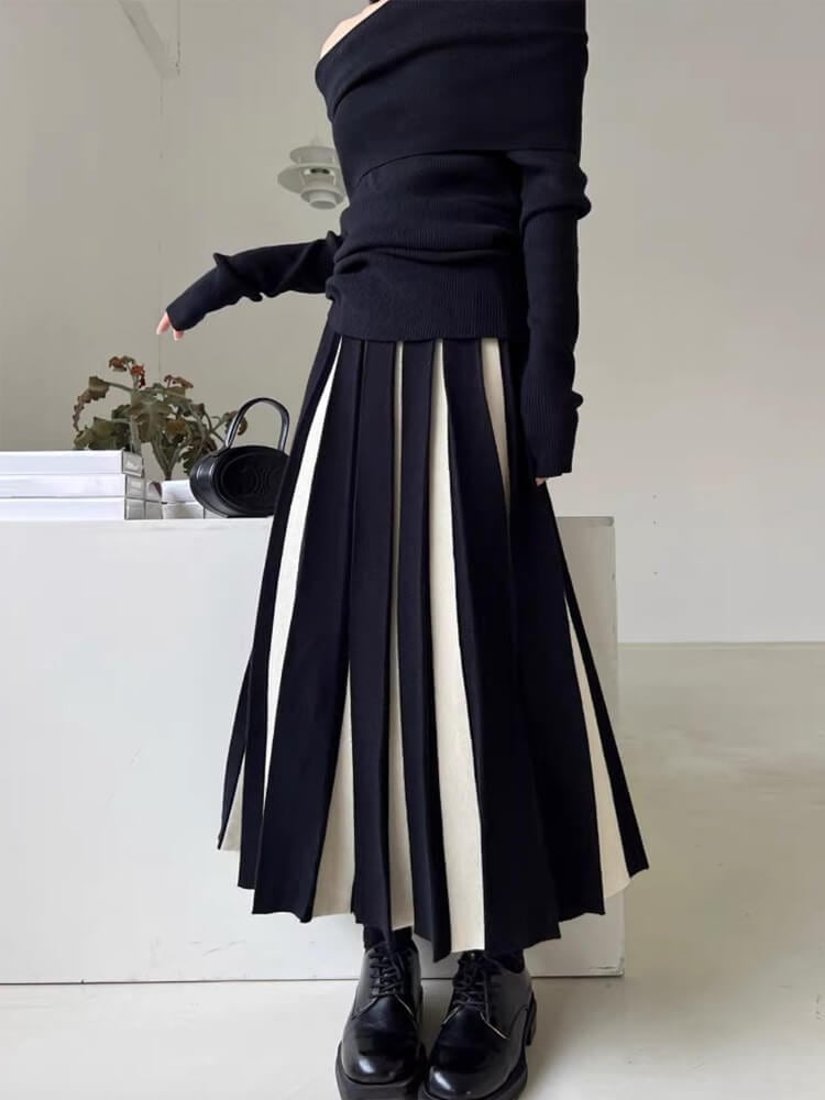 バイカラーストライプ ロング丈 プリーツ ニットスカート