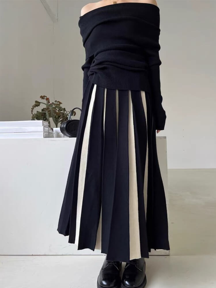 バイカラーストライプ ロング丈 プリーツ ニットスカート