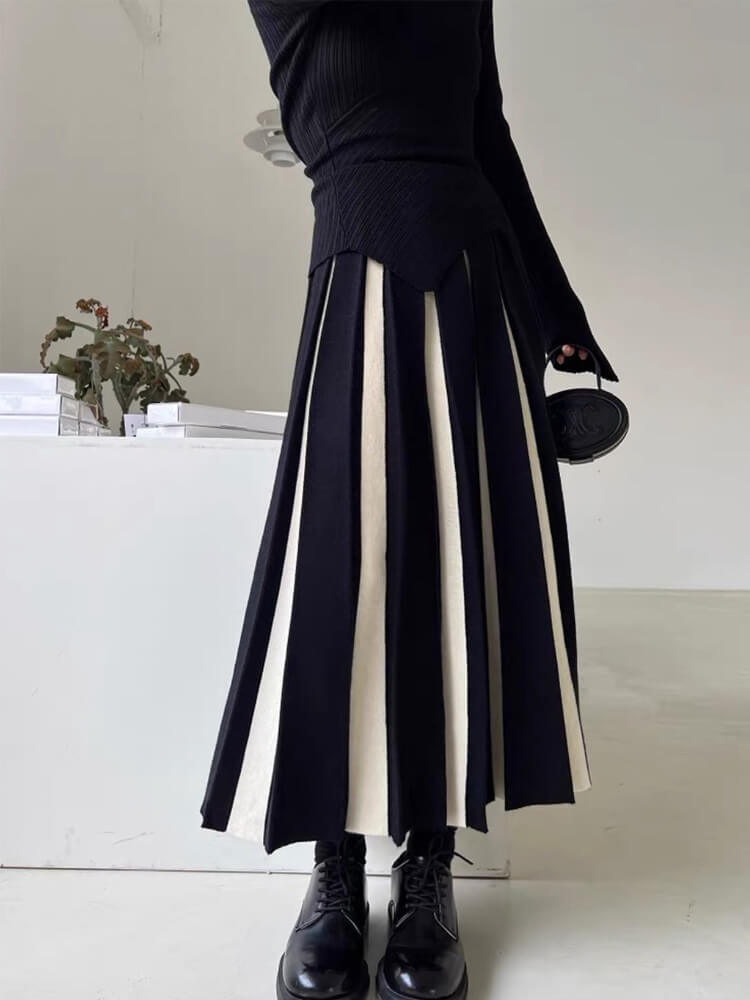 バイカラーストライプ ロング丈 プリーツ ニットスカート