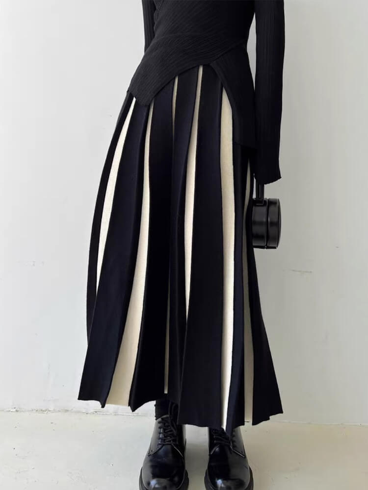 バイカラーストライプ ロング丈 プリーツ ニットスカート