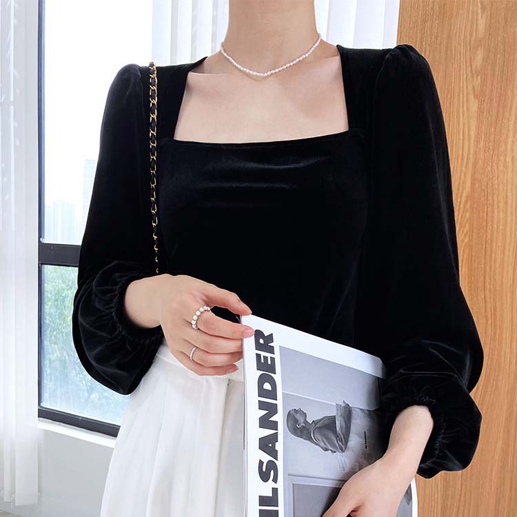 エレガント パフスリーブ 長袖 ベロア トップス