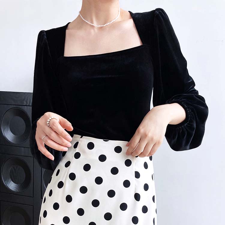 エレガント パフスリーブ 長袖 ベロア トップス