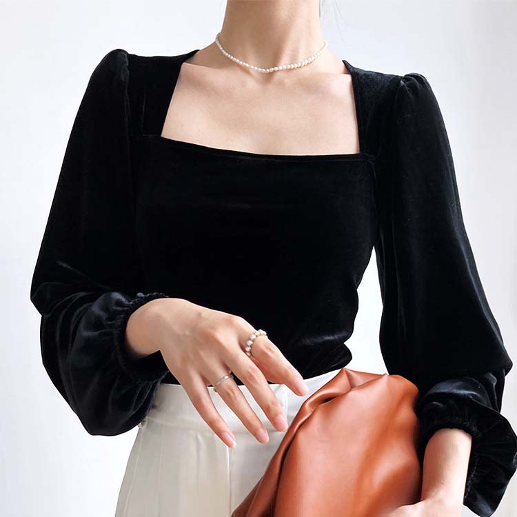 エレガント パフスリーブ 長袖 ベロア トップス