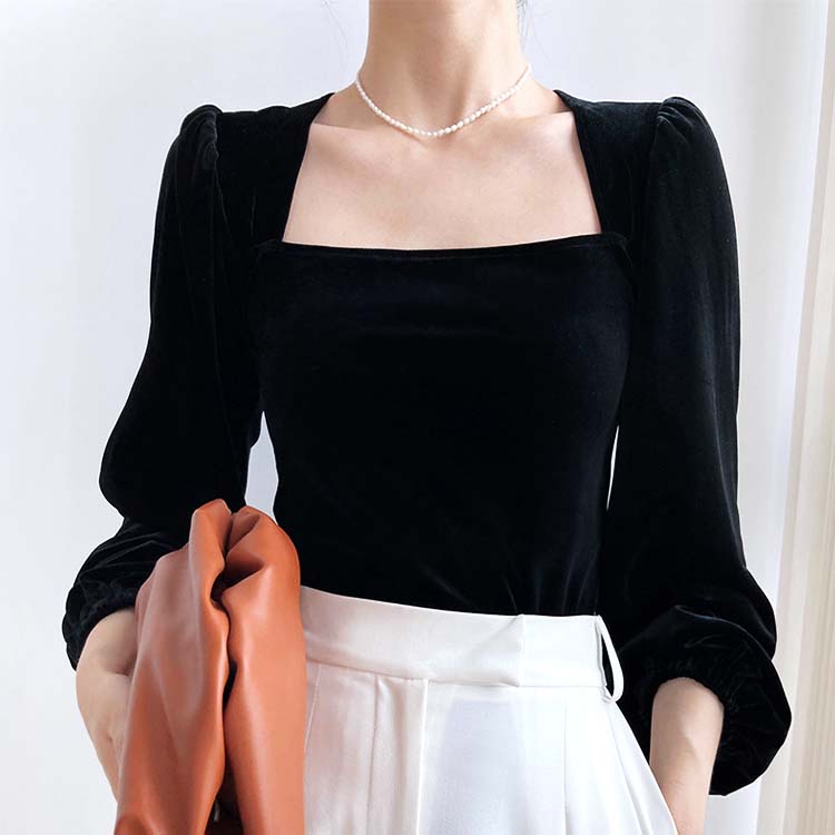 エレガント パフスリーブ 長袖 ベロア トップス