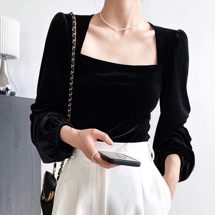 エレガント パフスリーブ 長袖 ベロア トップス