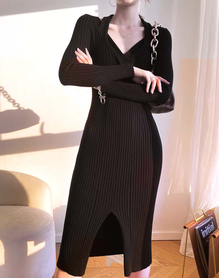 フロントスリット リブニット タイトワンピース