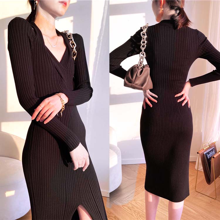 フロントスリット リブニット タイトワンピース