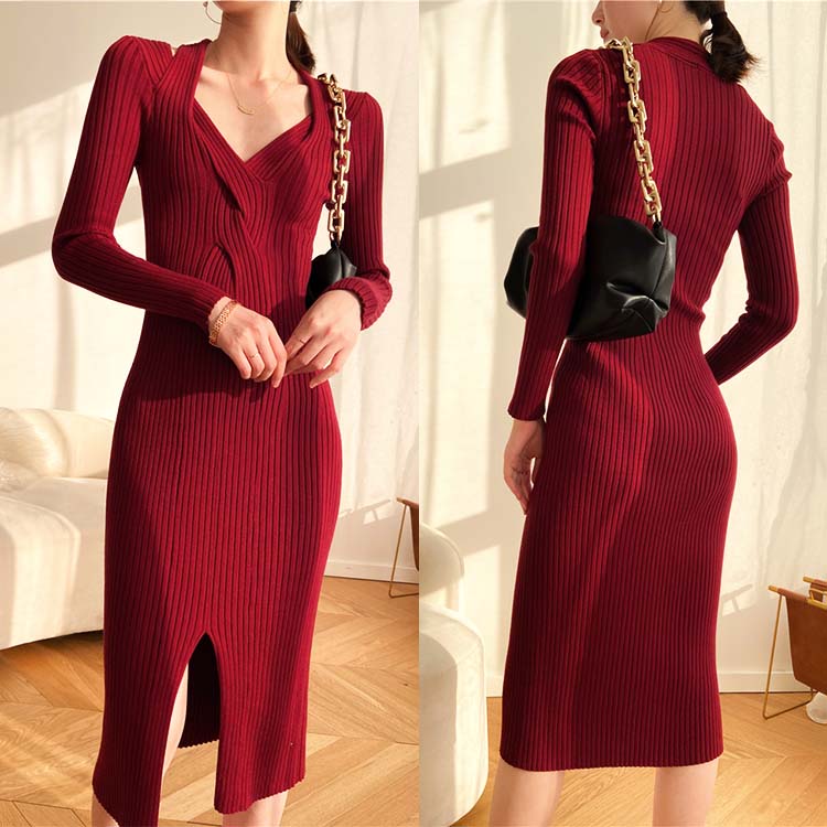 フロントスリット リブニット タイトワンピース