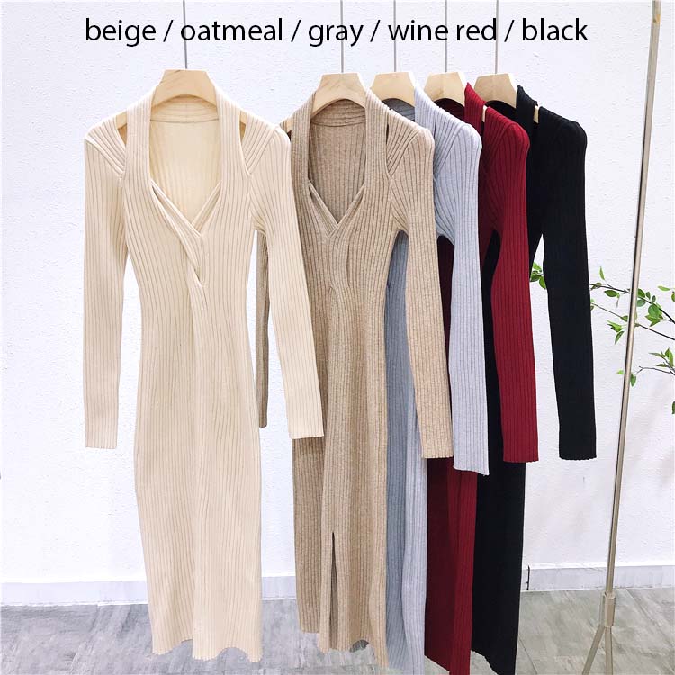 フロントスリット リブニット タイトワンピース