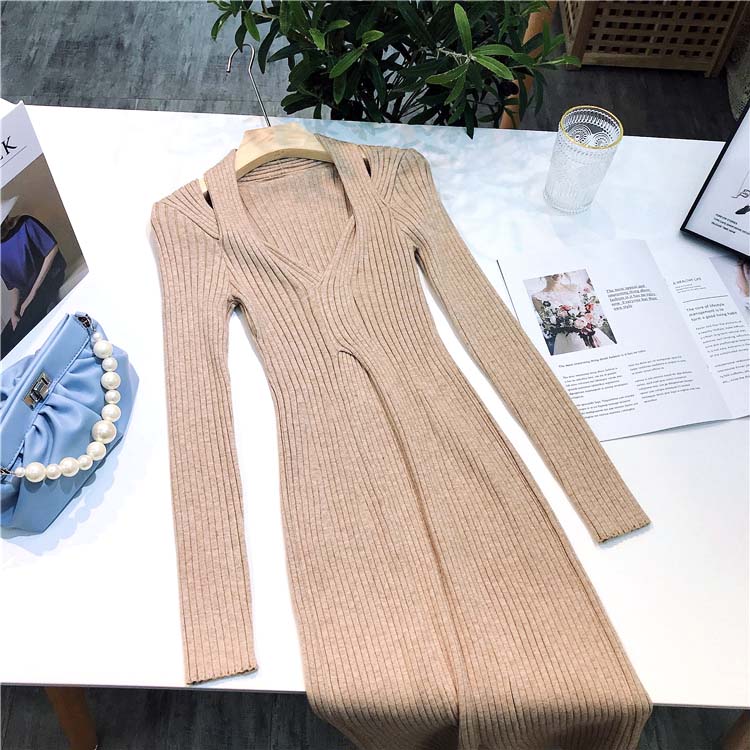 フロントスリット リブニット タイトワンピース