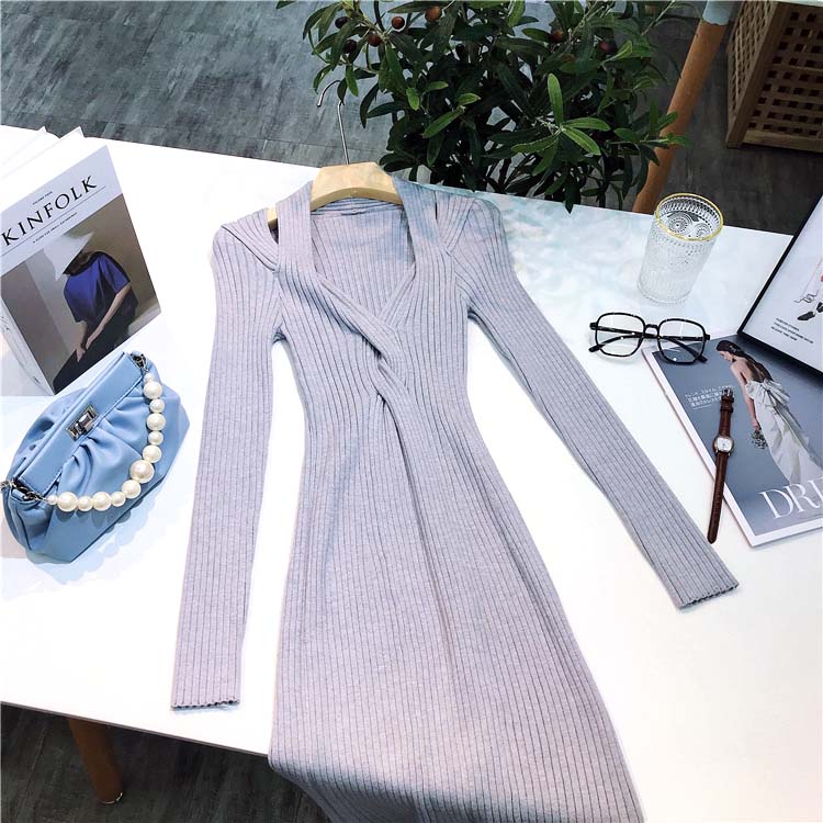 フロントスリット リブニット タイトワンピース