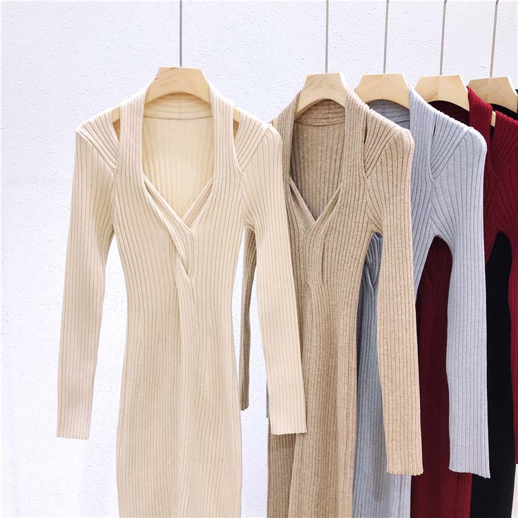 フロントスリット リブニット タイトワンピース