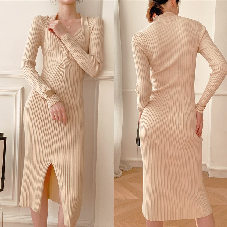 フロントスリット リブニット タイトワンピース