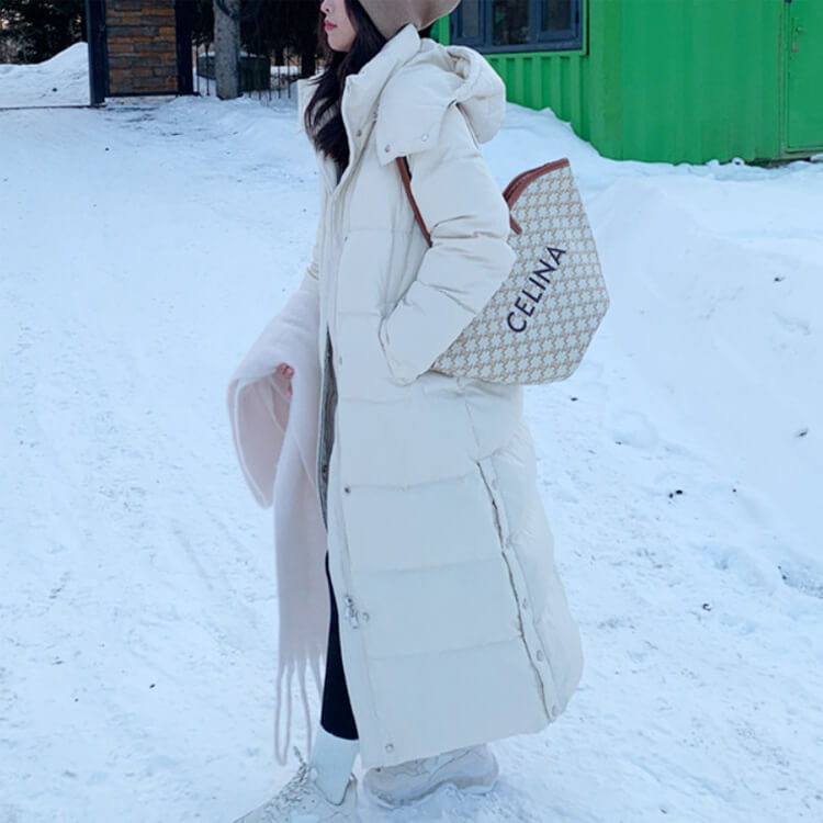 ダウン90% フード付 ロング丈 ダウン ベンチコート | レディース