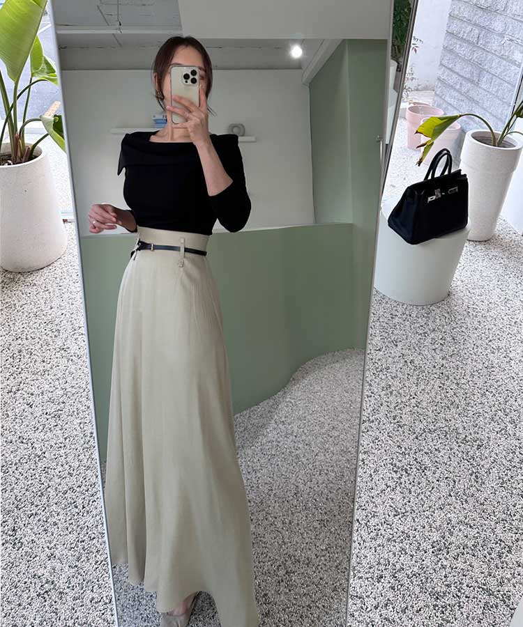 ハイウエスト エレガント ミモレ丈 フレアスカート