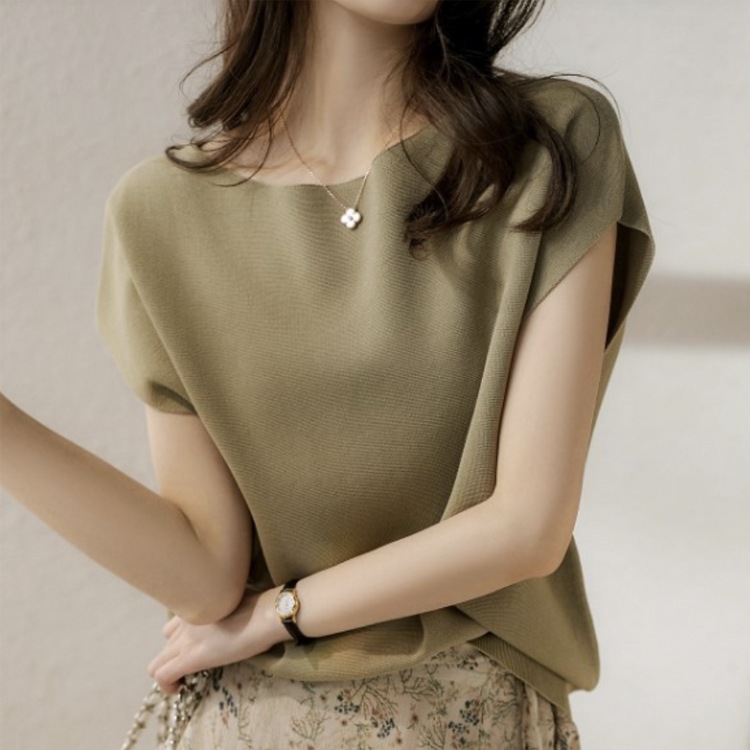 てろんと感 柔らか薄手ニット フレンチスリーブ トップス